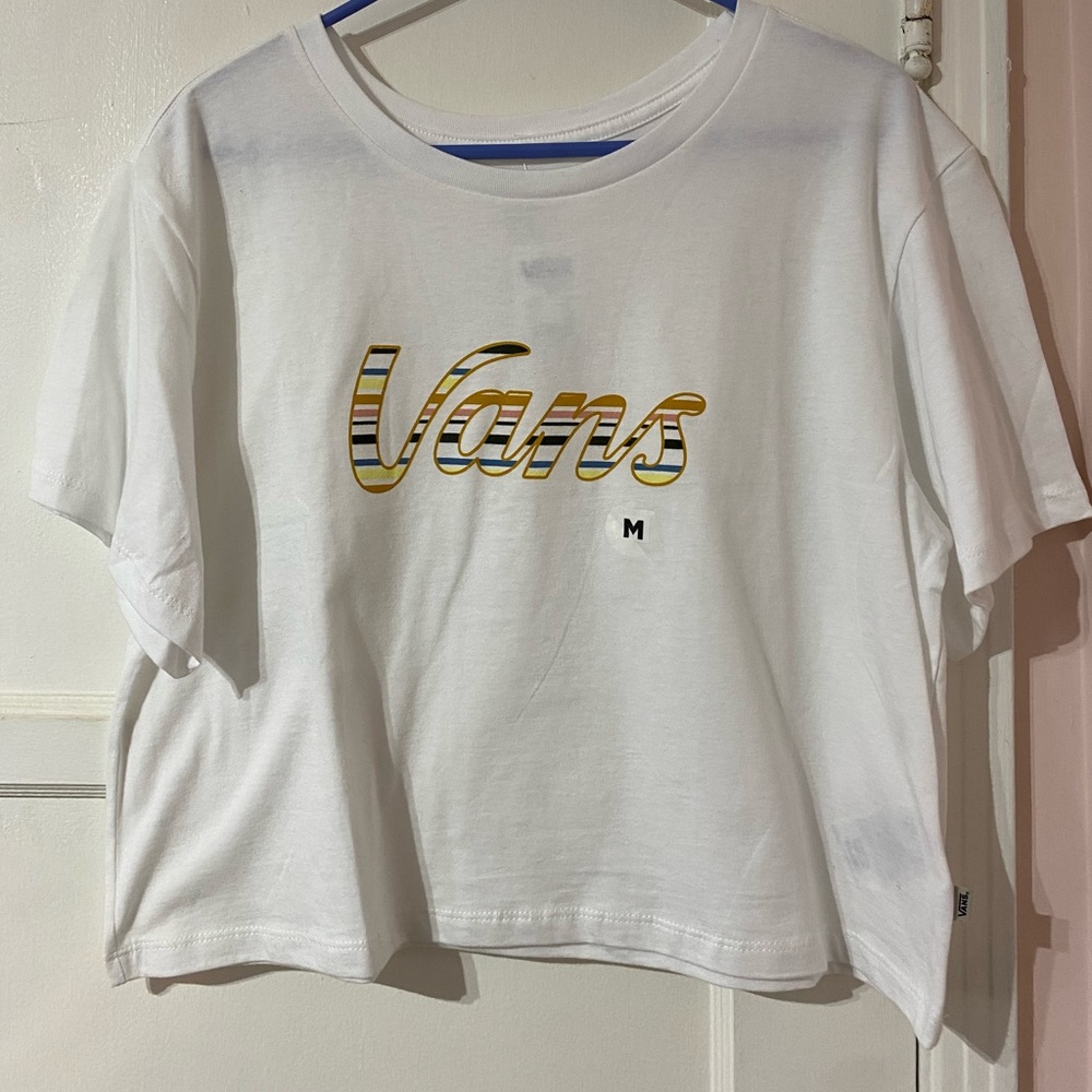 Vans- Women’s Scripts Stripe T Shirt, White, Size M, NWT